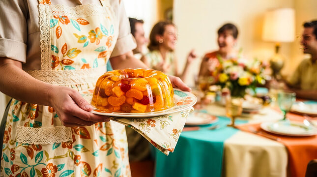 Hands carry a glossy orange fruit jelly filled with citrus pieces toward a warmly decorated dining table during a family gathering.