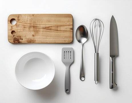 Essential kitchen tools flat lay with wooden cutting board, white ceramic bowl, slotted turner spatula, soup ladle, wire whisk and chef knife in a row on white background, top view cooking utensils ar
