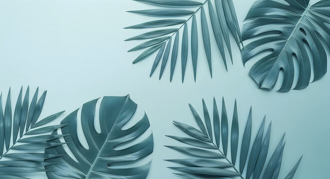A beautiful artistic composition featuring tropical palm leaves and monstera foliage arranged against a soft light blue background aesthetic