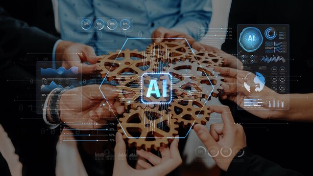 Collaborative Hands Holding Wooden Gears with AI Technology Overlay Representing Innovation and Teamwork in a Modern Workplace Setting Sigmoid
