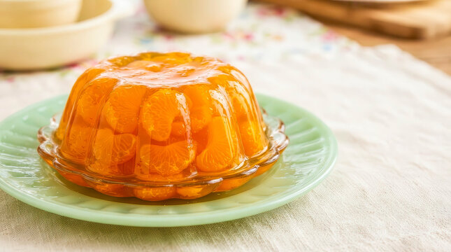 Bright orange gelatin dessert packed with mandarin segments sits on a pastel green plate with soft floral linens and warm kitchen light.