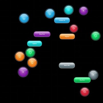 Colorful Glossy Web Buttons and UI Icons Floating on Dark Background