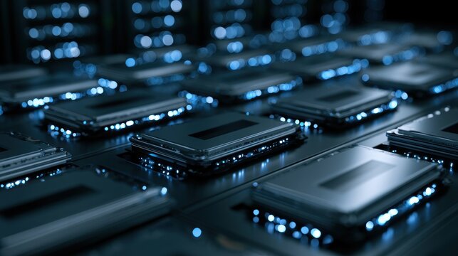 Rows of glowing blue data servers in a futuristic data center abstract technology concept