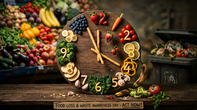 Creative clock made of fresh fruits and vegetables symbolizing food loss and waste awareness.