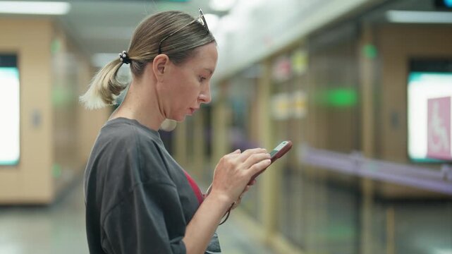Phone addiction, female passenger using smartphone in metro station, portrait. Woman tourist using public transport, viewing schedules or electronic metro map in mobile app, viewing social media