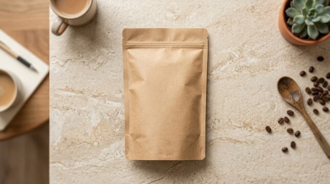 Blank kraft pouch with coffee beans and drink for packaging mockup