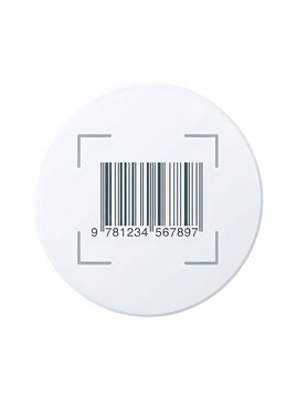 Circular white label with a barcode and corner crop marks