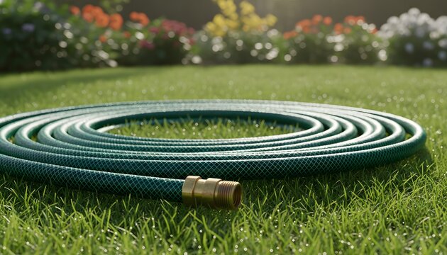 Neatly coiled green garden hose curled on fresh green grass in a sunny outdoor backyard garden with colorful flowers for lawn care and home irrigation concept