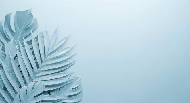A beautiful monstera leaf isolated on a soft light blue background creating a minimalist aesthetic with plenty of copy space