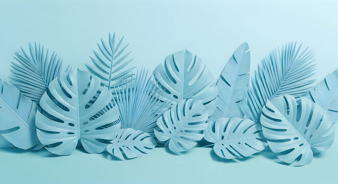 A collection of various tropical palm and monstera leaves arranged in a row against a soft light blue background