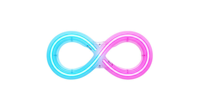Neon infinity symbol with blue and pink gradient lighting, glowing loop sign for modern tech and gaming decor, vibrant led light art isolated PNG with Transparent Background