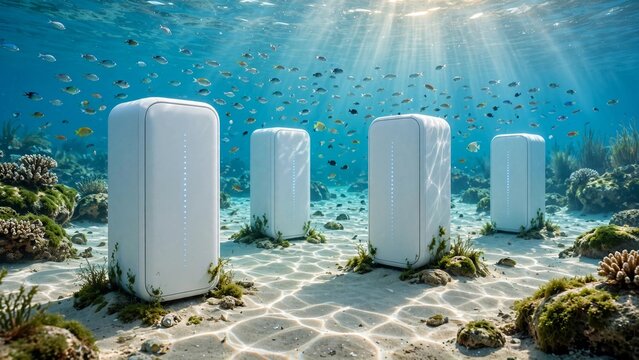 White data center pods on ocean floor underwater