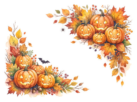 Watercolor jack o lantern pumpkin corner frame with autumn leaves and berries, Halloween copy space background on paper texture, isolated illustration