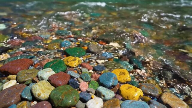 Colorful Water Washed Rocks on a Beach with Gentle Waves Flowing Over Them on a Bright Sunny Day