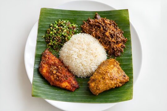 Nasi Campur Indonesian Food Rice Dish Served On Banana Leaf Top View