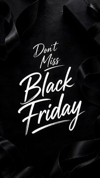Black Friday sale banner with elegant white calligraphy, luxury dark aesthetic with silk ribbons and gift boxes, promotional retail background