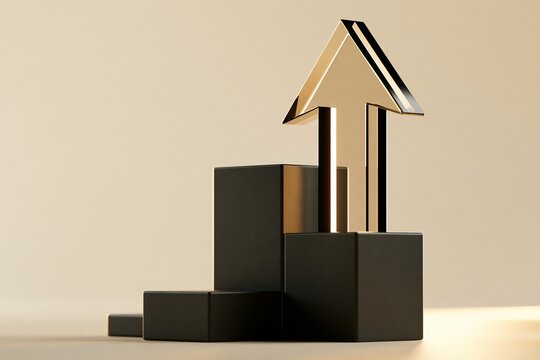 Transparent arrow rising from matte charcoal blocks with gold rim lighting