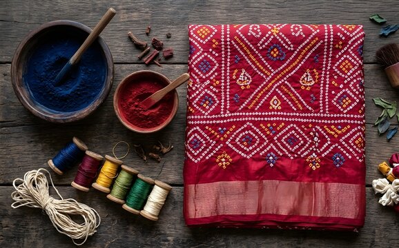Traditional Indian Bandhani Tie and Dye Silk Fabric Flat Lay with Natural Dye Bowls and Wooden Thread Spools

