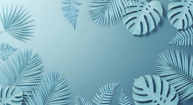 Top view of tropical monstera and palm leaves arranged as a decorative border on a soft blue background surface