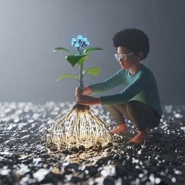 A 3D artistic render featuring a young child wearing glasses, tenderly holding a futuristic mechanical plant that features glowing roots and blue light-emitting nodes.