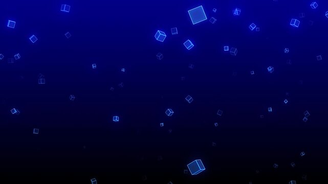 発光する水色キューブ粒子が高速上昇する未来的デジタル空間ループ背景 フルHD 横長 16:9