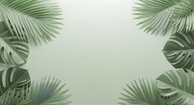 A beautiful tropical background featuring lush green palm and monstera leaves framing a soft light empty space for text