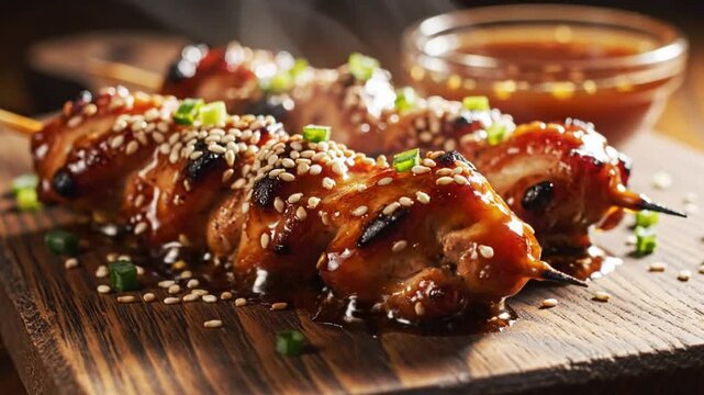 Savory glazed chicken skewers with sesame seeds and green onions on a wooden board and sauce