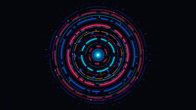 Futuristic cybernetic concentric orbital core spinning with glowing neon lights on dark background for abstract high tech data visualization.