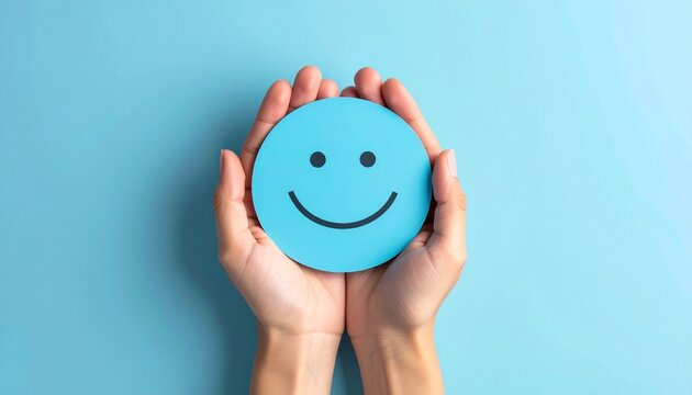 Paper cut smiley face in hands on light blue background. positive thinking, mental health, assessment, world mental health day concept