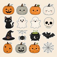 Naklejka premium Set of cute hand drawn halloween elements featuring pumpkins ghosts black cat skull and witch hat