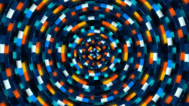 Futuristic geometric data rings system rotating with glowing blue and orange lights creating a dynamic abstract digital interface background