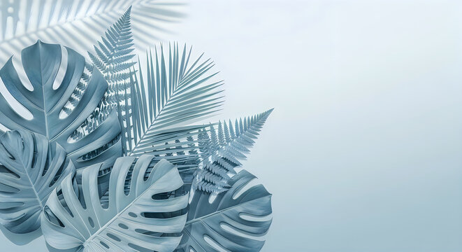 A beautiful arrangement of tropical monstera and fern leaves isolated on a soft light blue background with empty copy space
