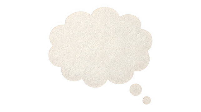Textured paper thought bubble, cream white speech cloud icon, minimalist felt material dream bubble for creative design isolated PNG with Transparent Background