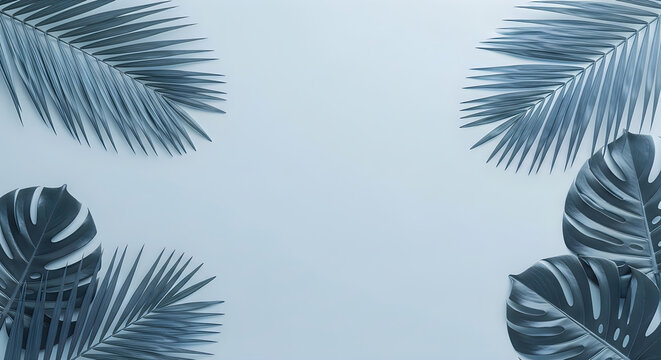 A minimalist background featuring dark blue tropical palm and monstera leaves arranged on a soft light blue empty surface