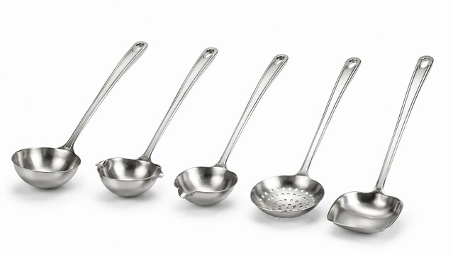 Stainless steel kitchen ladles and skimmer set of serving spoons isolated on white background