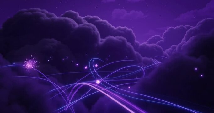 Glowing purple light trails weave through thick dark storm clouds in this vibrant digital animation footage capturing the mystical movement of cosmic energy and starlit particles.
