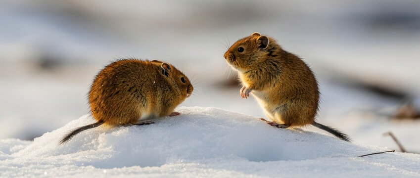 Two wild voles interact on a snowy mound in winter. Tiny rodents with brown fur forage in a cold, snowy landscape during golden hour. Nature survival concept for wildlife and biology content.