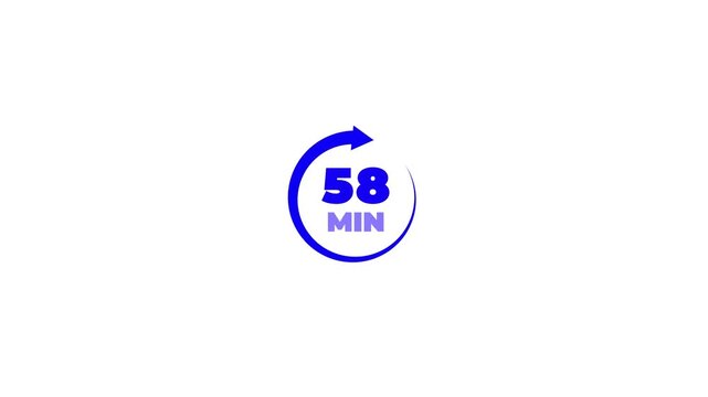 Circle arrow refresh icon and 58 min timer icon animation isolated on transparent background. 58 Minutes Time Loop Motion Design sign.