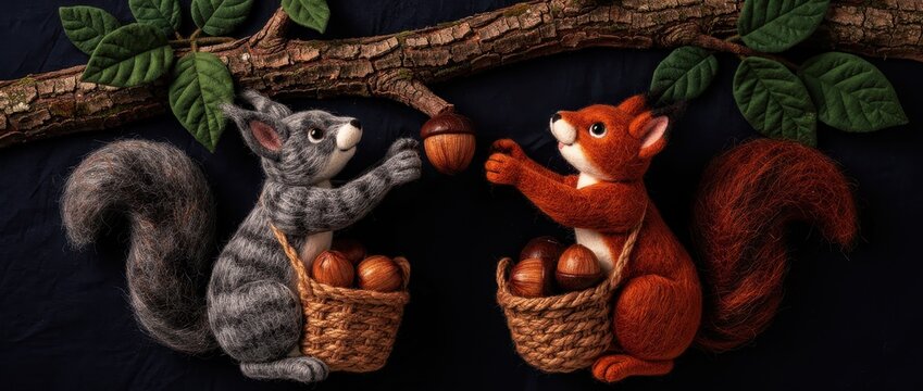 Felted squirrels reaching for an acorn on a tree branch. Handcrafted gray and red squirrel figures carrying baskets of nuts. Whimsical autumn craft concept for seasonal decor and handmade art.