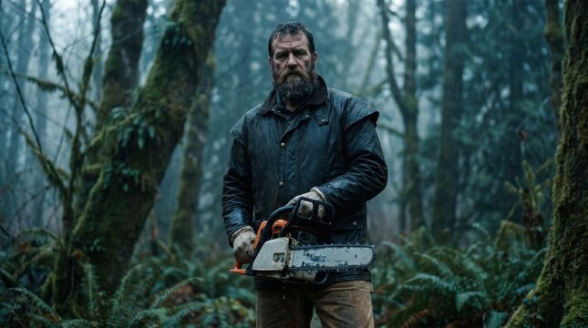 Bearded lumberjack holding chainsaw in misty forest, wearing rugged jacket and gloves among mossy trees and ferns, moody cinematic atmosphere, outdoors, wilderness work scene