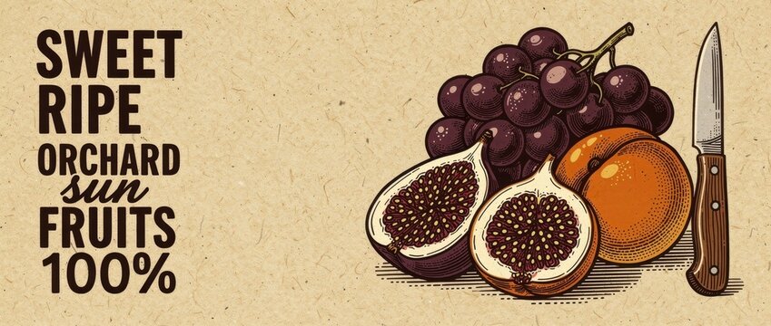 Vintage fruit illustration with grapes, sliced figs, and peach. Retro hand-drawn engraving on craft paper background. Organic harvest theme, ideal for food packaging and branding.