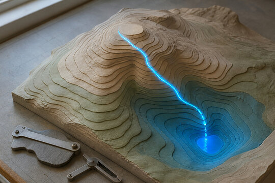 Topographic relief model with watershed route overlay