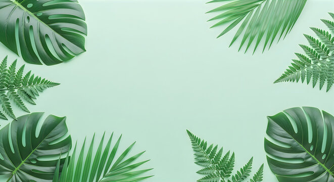 Top view of various tropical green leaves arranged as a decorative frame on a soft light pastel green background surface