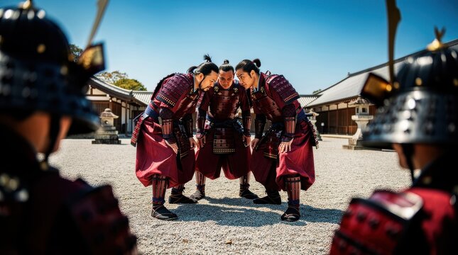 Three samurai warriors in red armor huddle in a temple courtyard. Soldiers lean in for a secret strategy discussion during a military campaign. Japanese history and culture concept.
