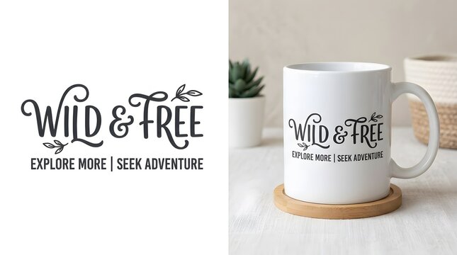 Wild free mug design mockup inspirational quote for adventure lovers and outdoor enthusiasts