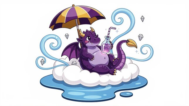 Cute purple dragon relaxing on a cloud while holding a drink under an umbrella. Whimsical fantasy illustration with magical floating gems and swirls. Ideal for nursery decor and children's media.