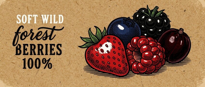 Hand-drawn illustration of forest berries on kraft paper background. Vintage engraving style featuring strawberry, raspberry, and blueberry. Organic food branding concept for craft packaging.