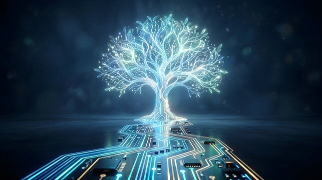 Glow Digital Circuit Tree Concept of Artificial Intelligence and Sustainable Technology.
