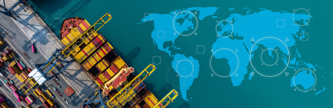 Aerial view Container cargo ship loading unloading container import export sea port, Global trade business container cargo ship freight shipping commercial trade logistic transportation international.