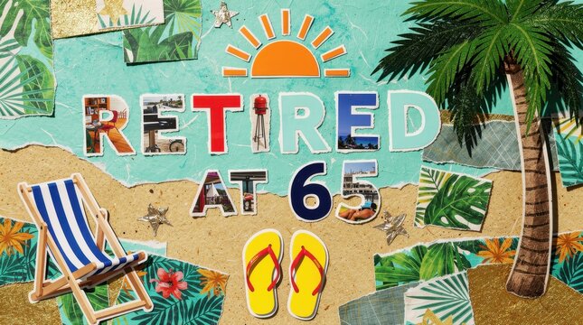Retired at 65 text in tropical beach collage. Summer vacation elements like palm trees and flip-flops on sandy backdrop. Retirement planning concept for financial and lifestyle marketing.